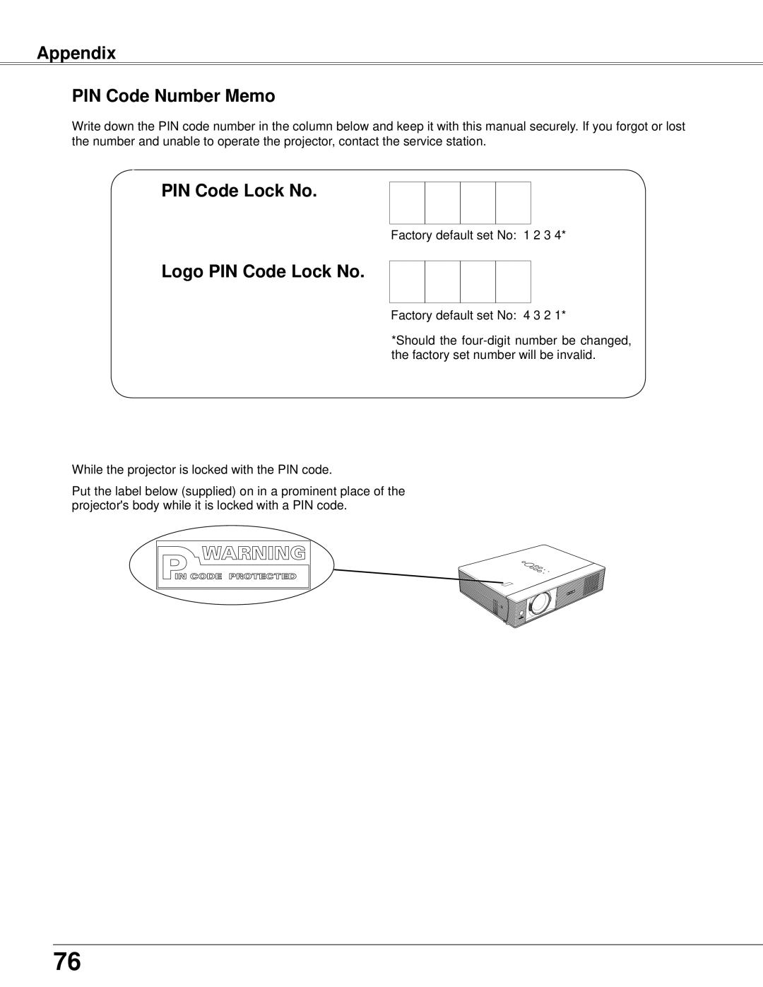 Eiki LC-XB42N owner manual Appendix PIN Code Number Memo, Logo PIN Code Lock No 