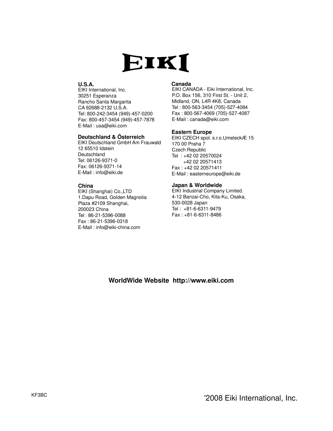 Eiki LC-XB42N owner manual Deutschland & Österreich, China, Canada, Eastern Europe, Japan & Worldwide 