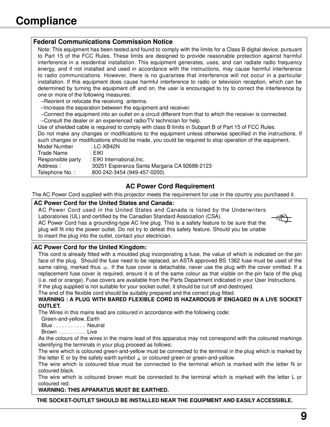 Eiki LC-XB42N owner manual Compliance, Federal Communications Commission Notice, AC Power Cord Requirement 