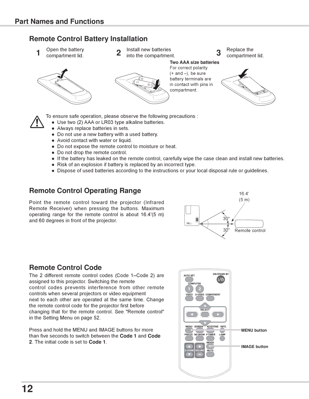 Eiki LC-XBL30 owner manual Remote Control Operating Range, Remote Control Code 