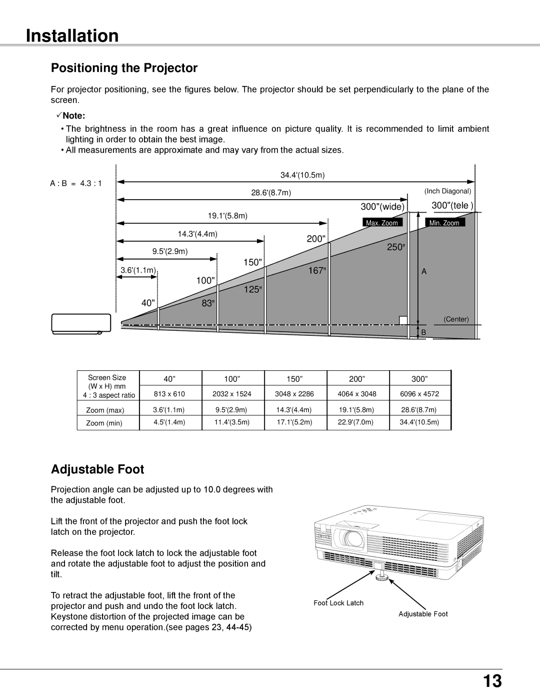 Eiki LC-XBL30 owner manual Installation, Positioning the Projector, Adjustable Foot 