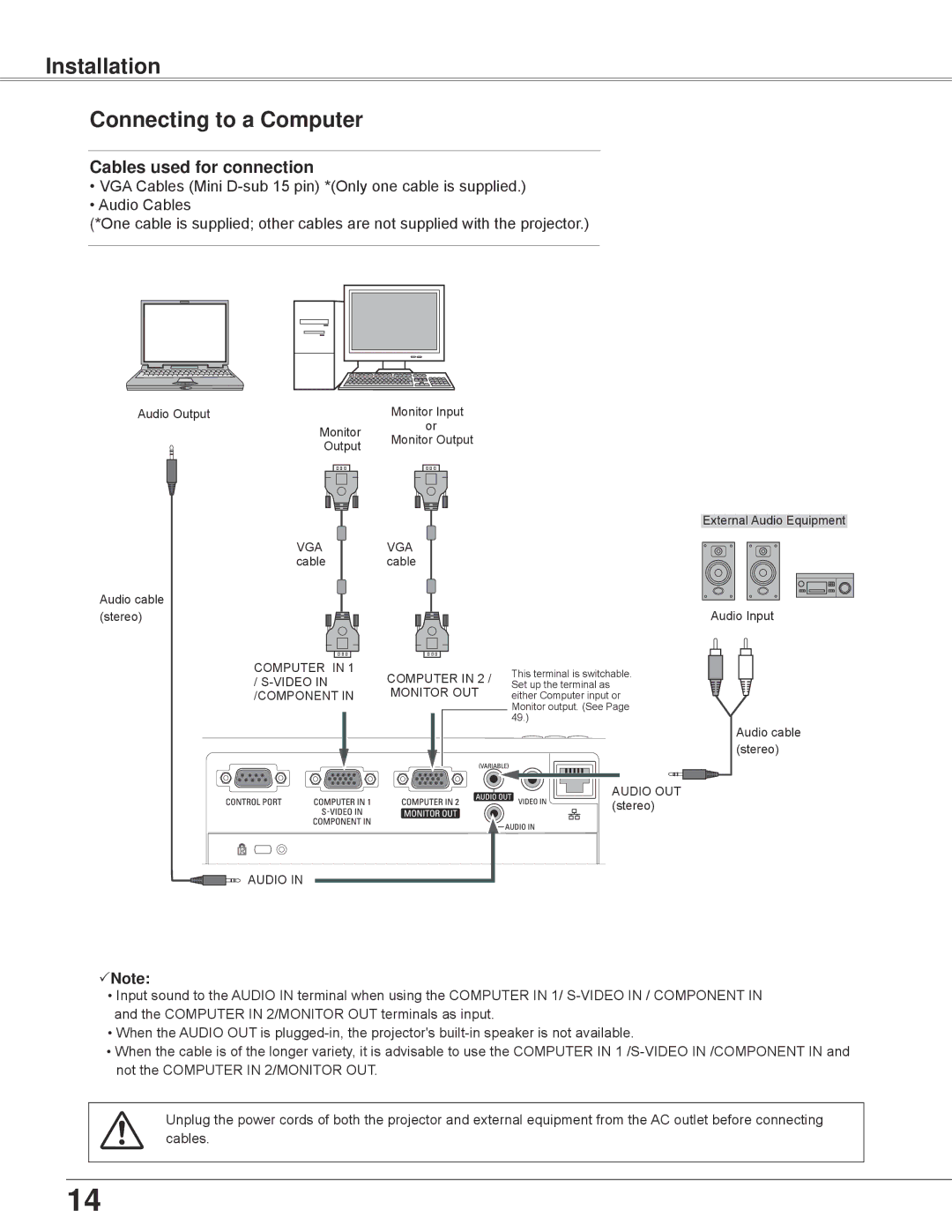 Eiki LC-XBL30 owner manual Installation Connecting to a Computer, Cables used for connection 