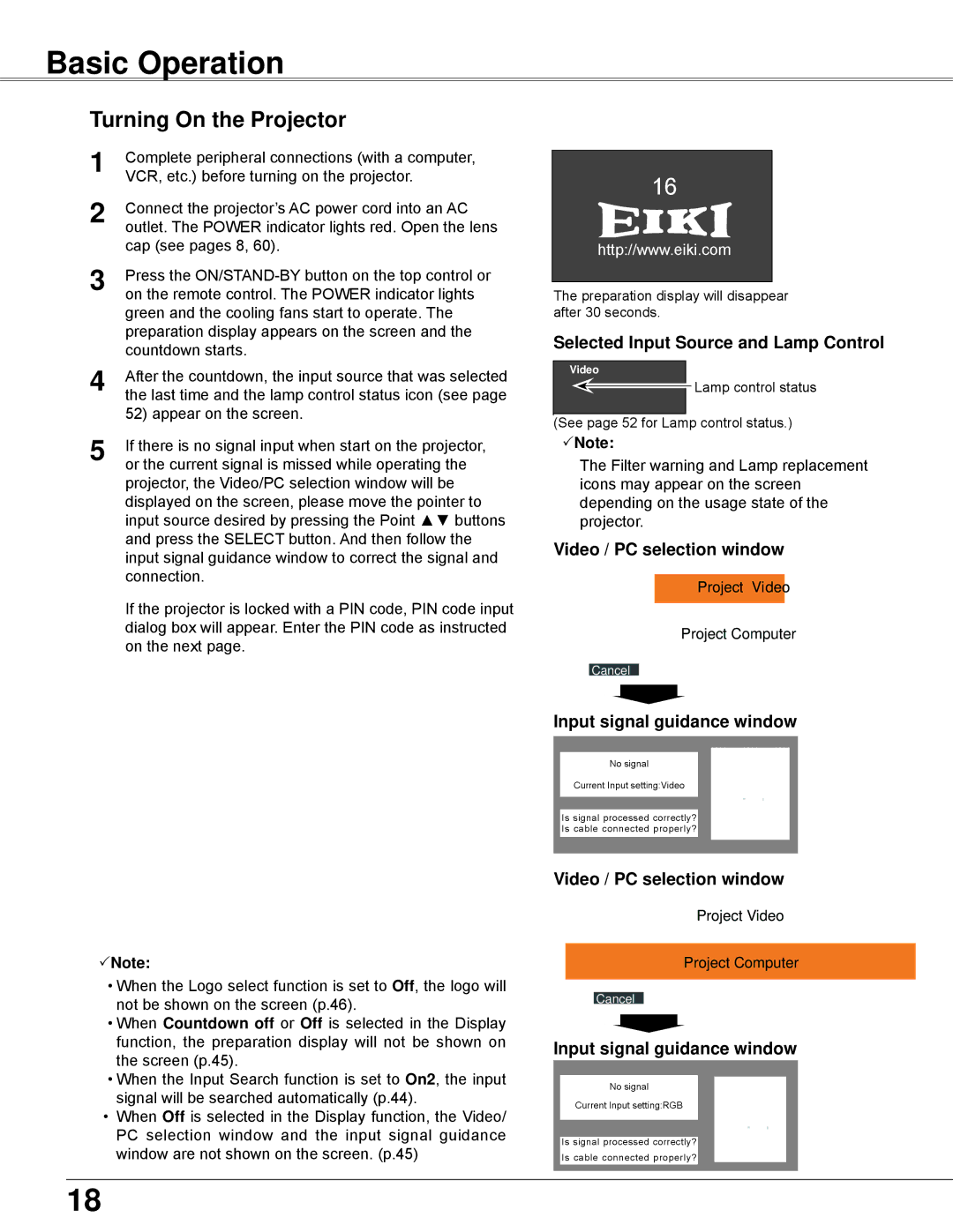 Eiki LC-XBL30 owner manual Basic Operation, Turning On the Projector, Selected Input Source and Lamp Control 