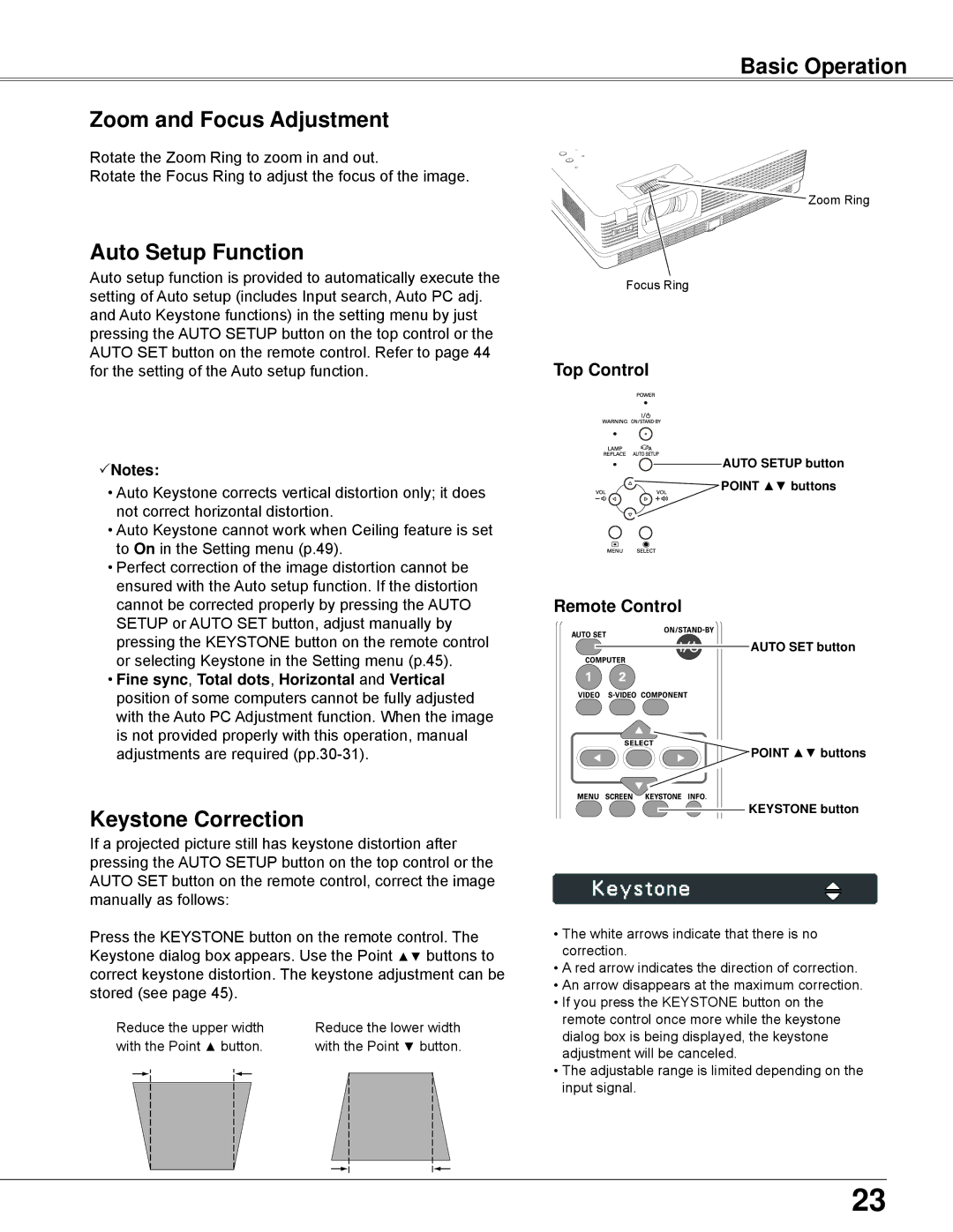 Eiki LC-XBL30 owner manual Basic Operation Zoom and Focus Adjustment, Auto Setup Function, Keystone Correction, Notes 