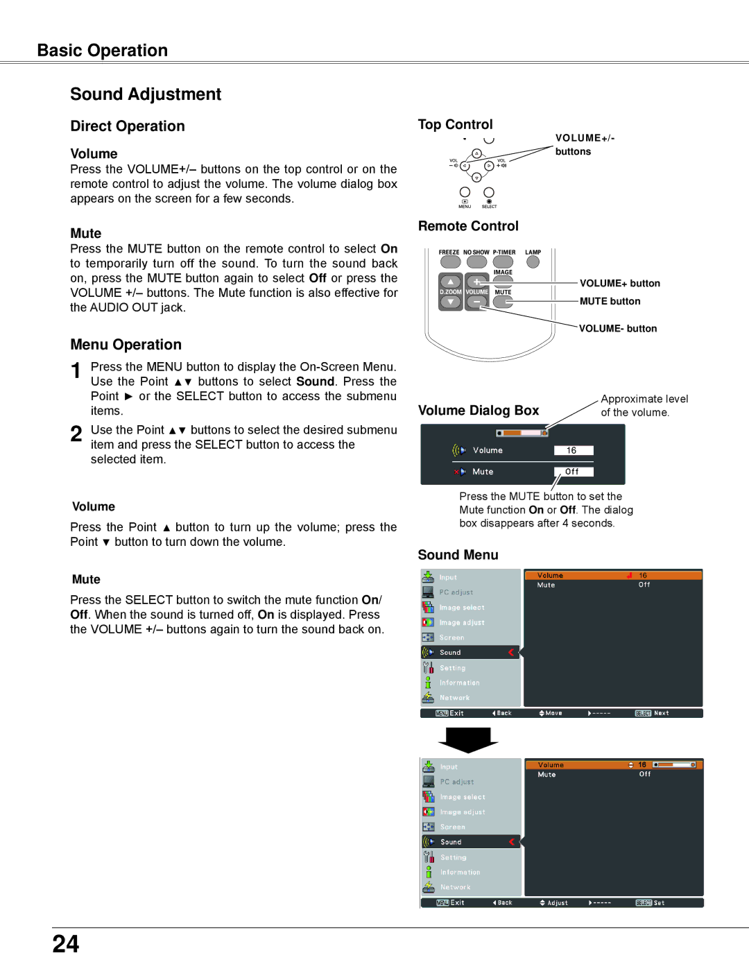 Eiki LC-XBL30 owner manual Basic Operation Sound Adjustment, Direct Operation, Menu Operation 