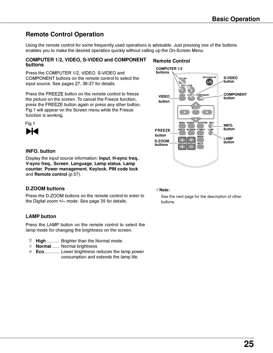 Eiki LC-XBL30 owner manual Basic Operation Remote Control Operation 