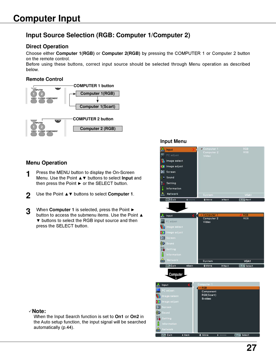 Eiki LC-XBL30 owner manual Computer Input, Input Source Selection RGB Computer 1/Computer, Input Menu 