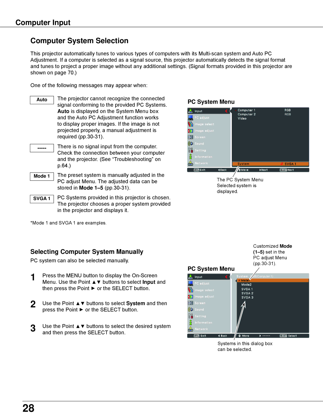 Eiki LC-XBL30 owner manual Computer Input Computer System Selection, Selecting Computer System Manually, PC System Menu 