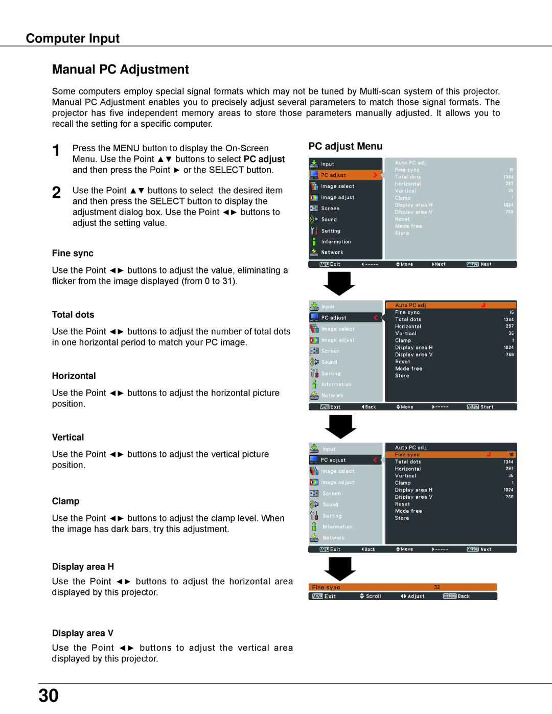 Eiki LC-XBL30 owner manual Computer Input Manual PC Adjustment 