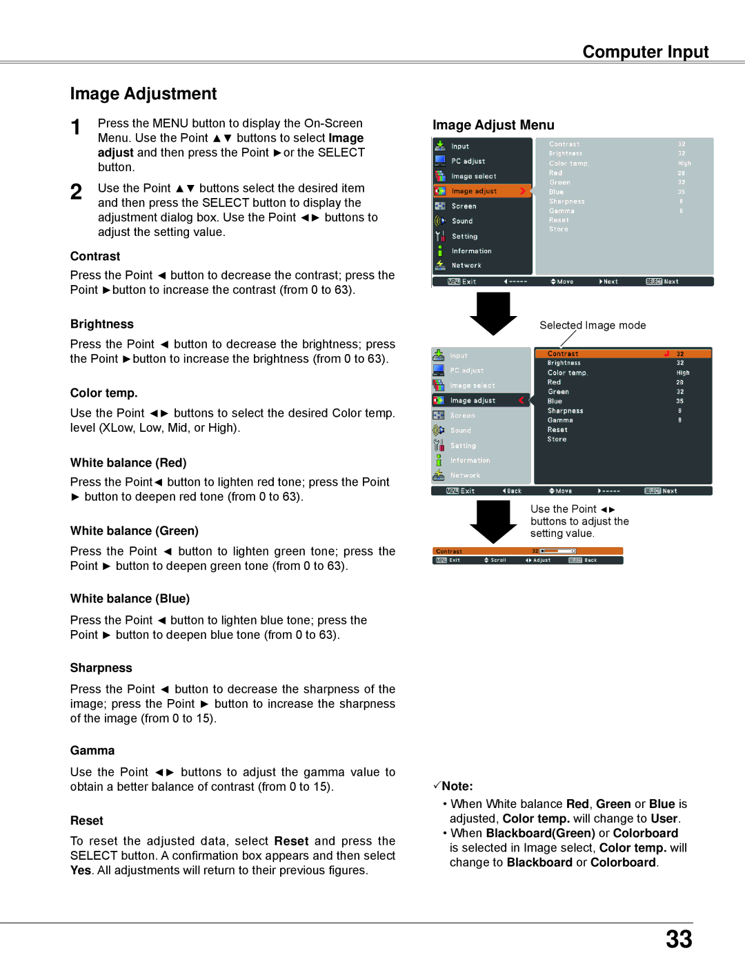 Eiki LC-XBL30 owner manual Computer Input Image Adjustment, Image Adjust Menu 