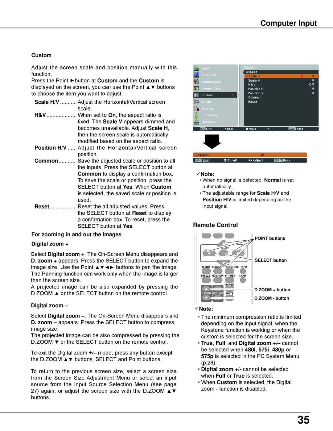 Eiki LC-XBL30 owner manual Custom, Scale H/V, Position H/V, For zooming in and out the images Digital zoom + 