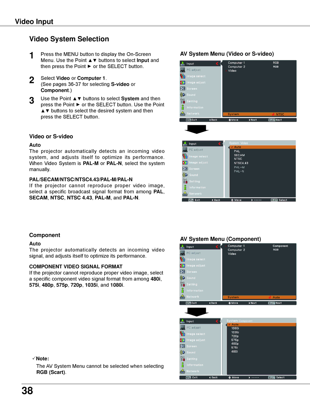 Eiki LC-XBL30 Video Input Video System Selection, AV System Menu Video or S-video, Component AV System Menu Component 