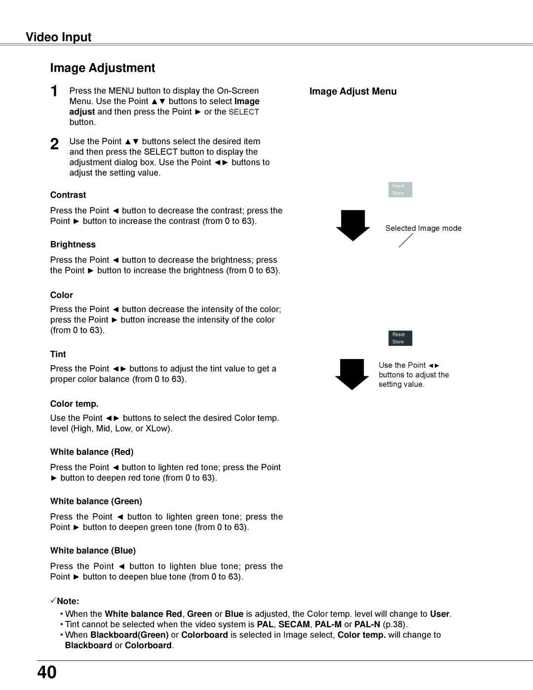 Eiki LC-XBL30 owner manual Video Input Image Adjustment, Tint, Blackboard or Colorboard 