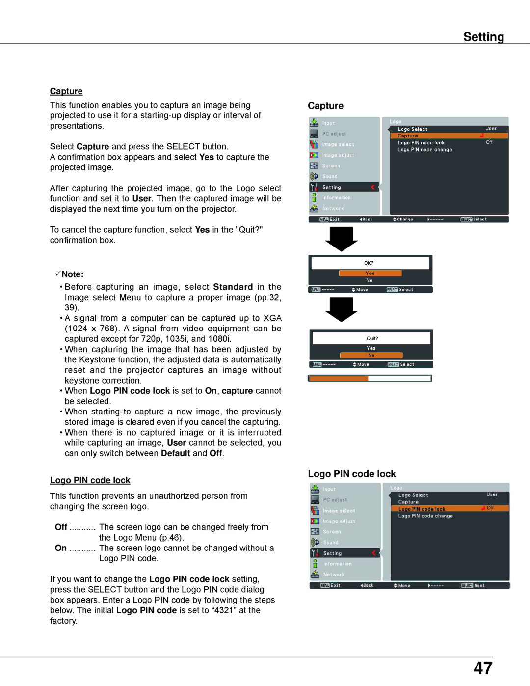 Eiki LC-XBL30 owner manual Capture, Logo PIN code lock 