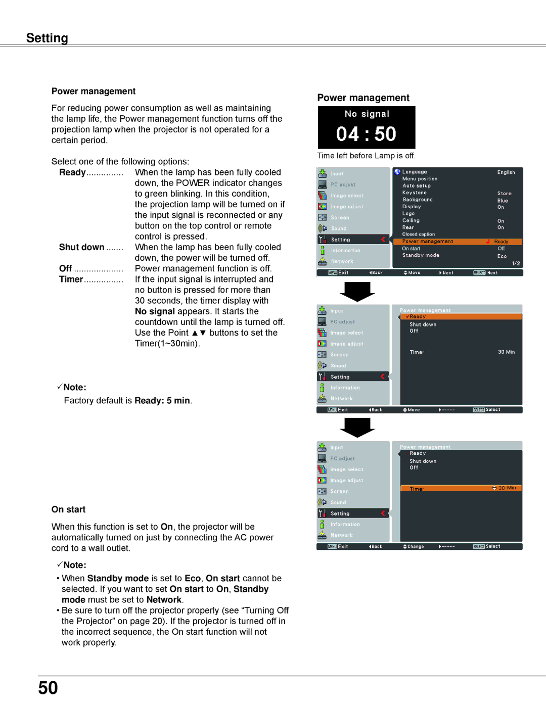 Eiki LC-XBL30 owner manual Power management, Shut down, On start 