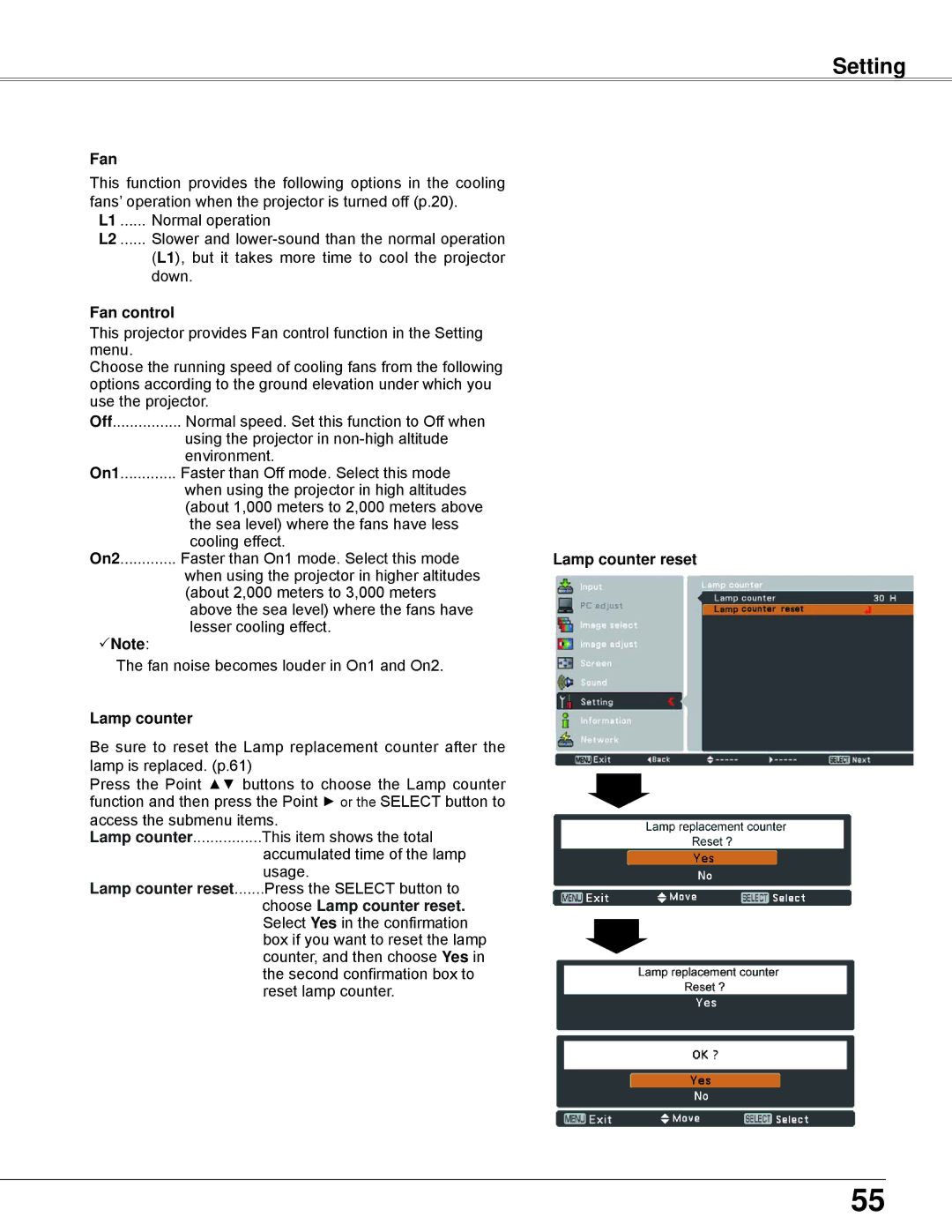 Eiki LC-XBL30 owner manual Fan control, On1, Lamp counter reset 