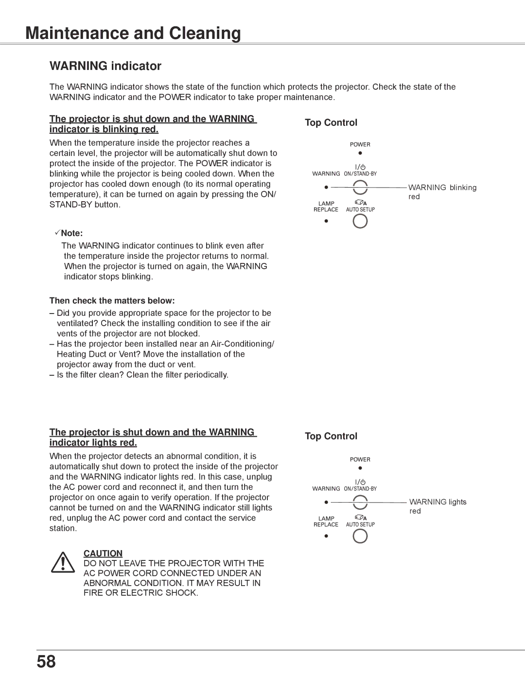 Eiki LC-XBL30 owner manual Maintenance and Cleaning, Projector is shut down and the wARNING indicator lights red 