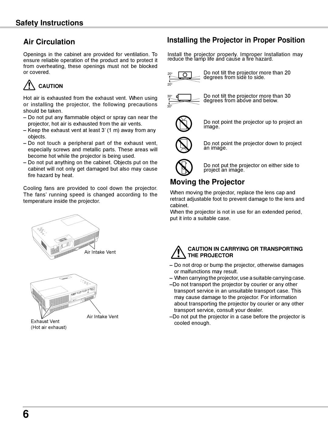 Eiki LC-XBL30 Safety Instructions Air Circulation, Installing the Projector in Proper Position, Moving the Projector 