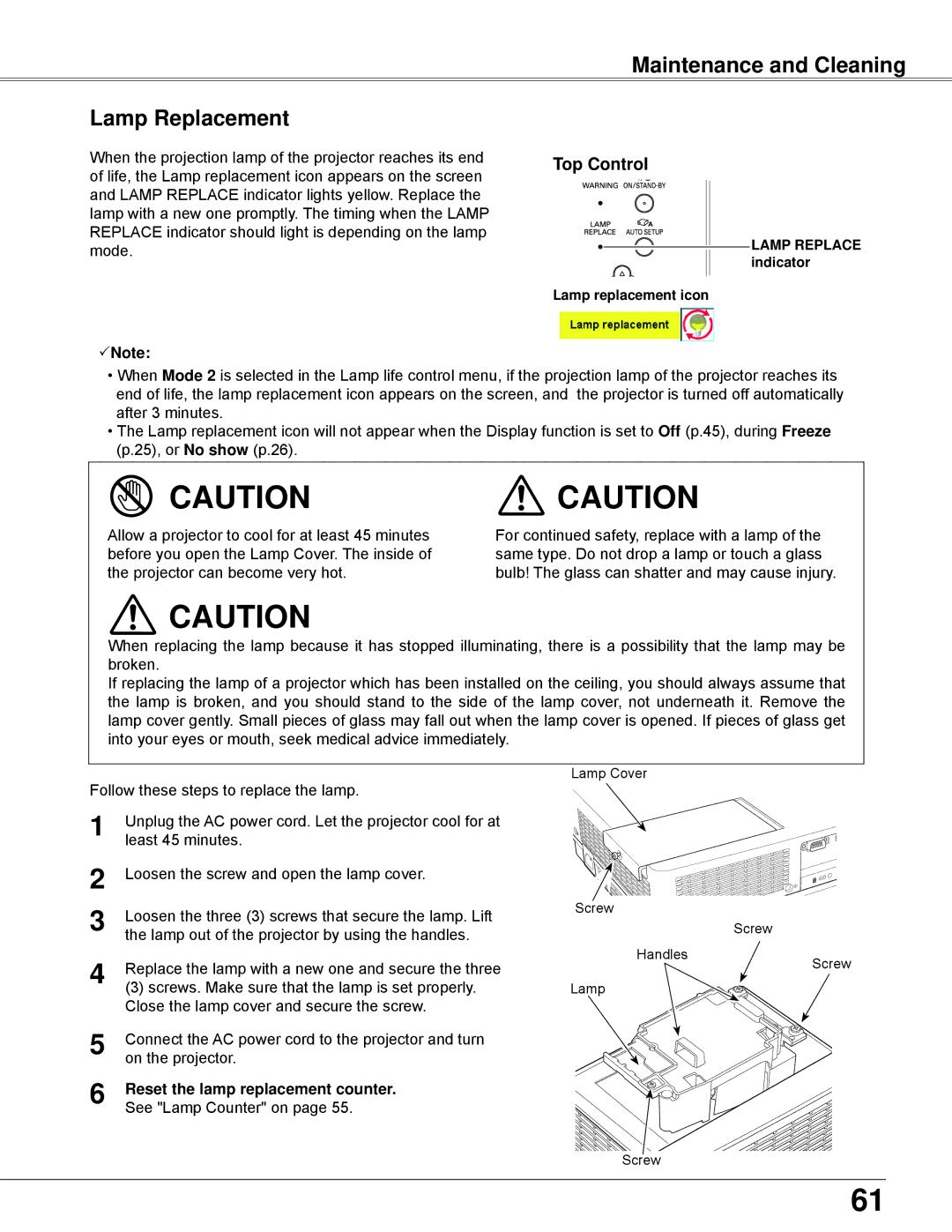 Eiki LC-XBL30 owner manual Maintenance and Cleaning Lamp Replacement, Reset the lamp replacement counter 