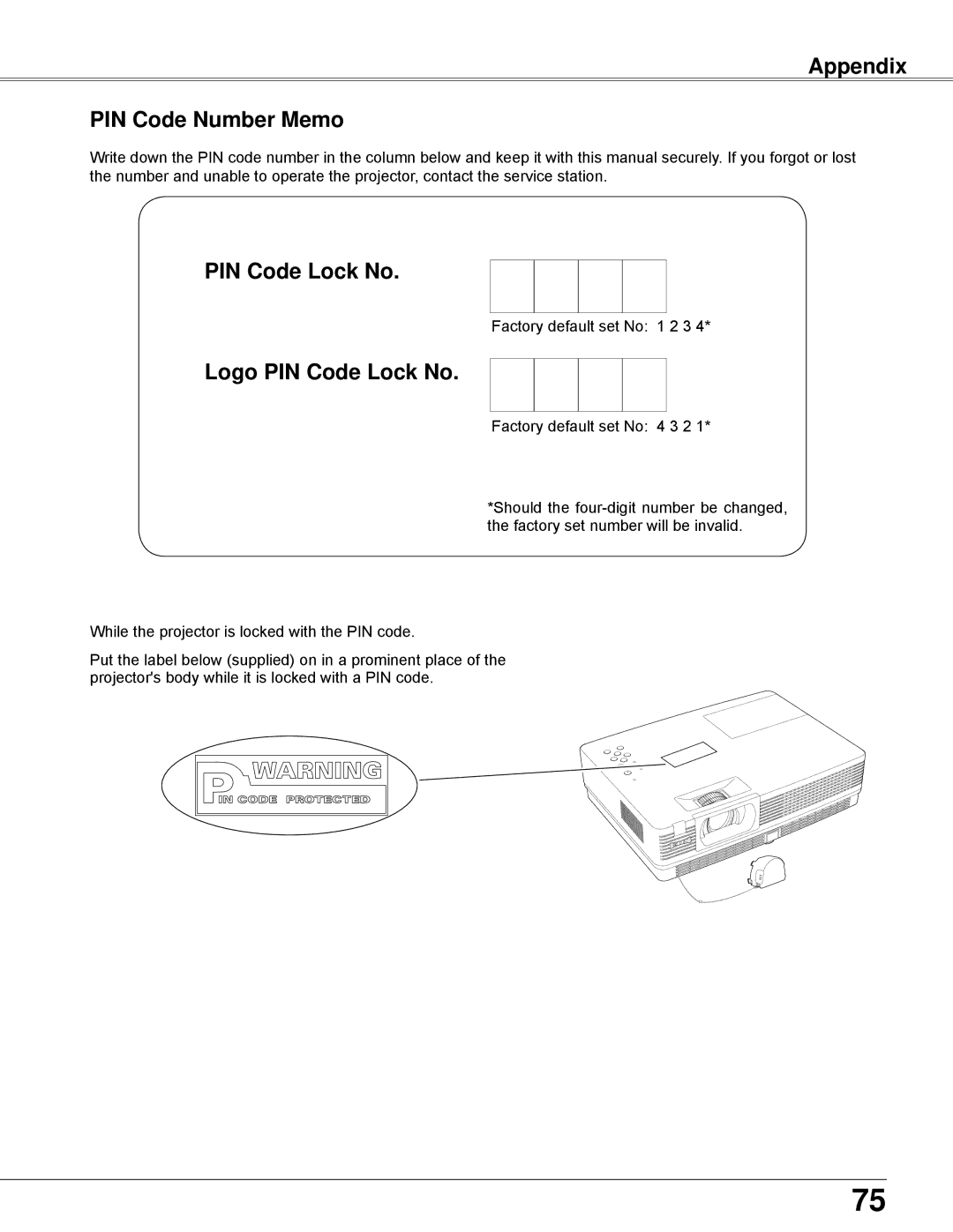 Eiki LC-XBL30 owner manual Appendix PIN Code Number Memo, Logo PIN Code Lock No 