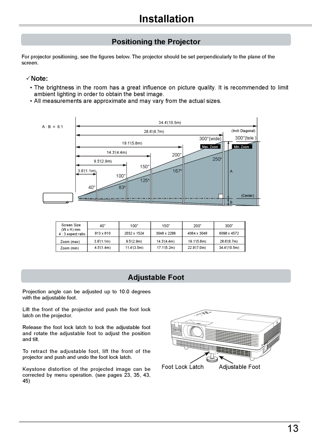 Eiki LC-XBM31 owner manual Installation, Positioning the Projector, Adjustable Foot, Note 