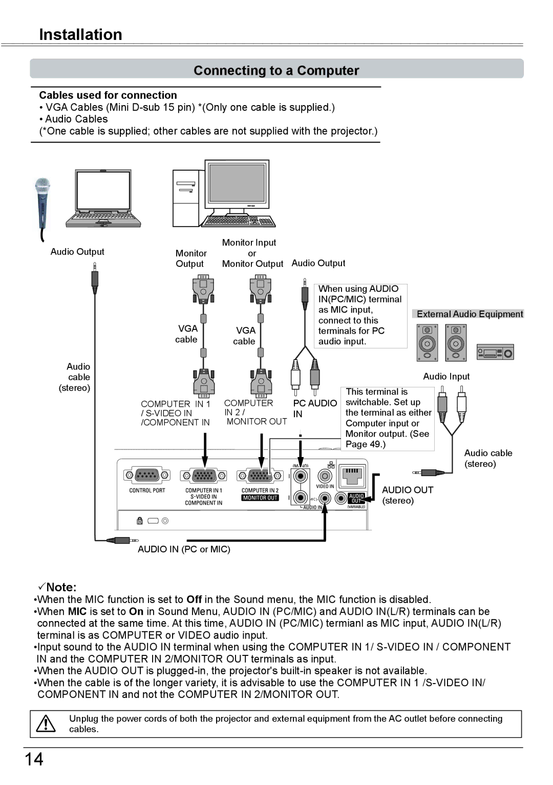 Eiki LC-XBM31 owner manual Installation, Connecting to a Computer, Cables used for connection 