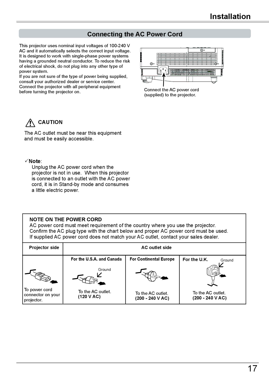 Eiki LC-XBM31 owner manual Connecting the AC Power Cord 