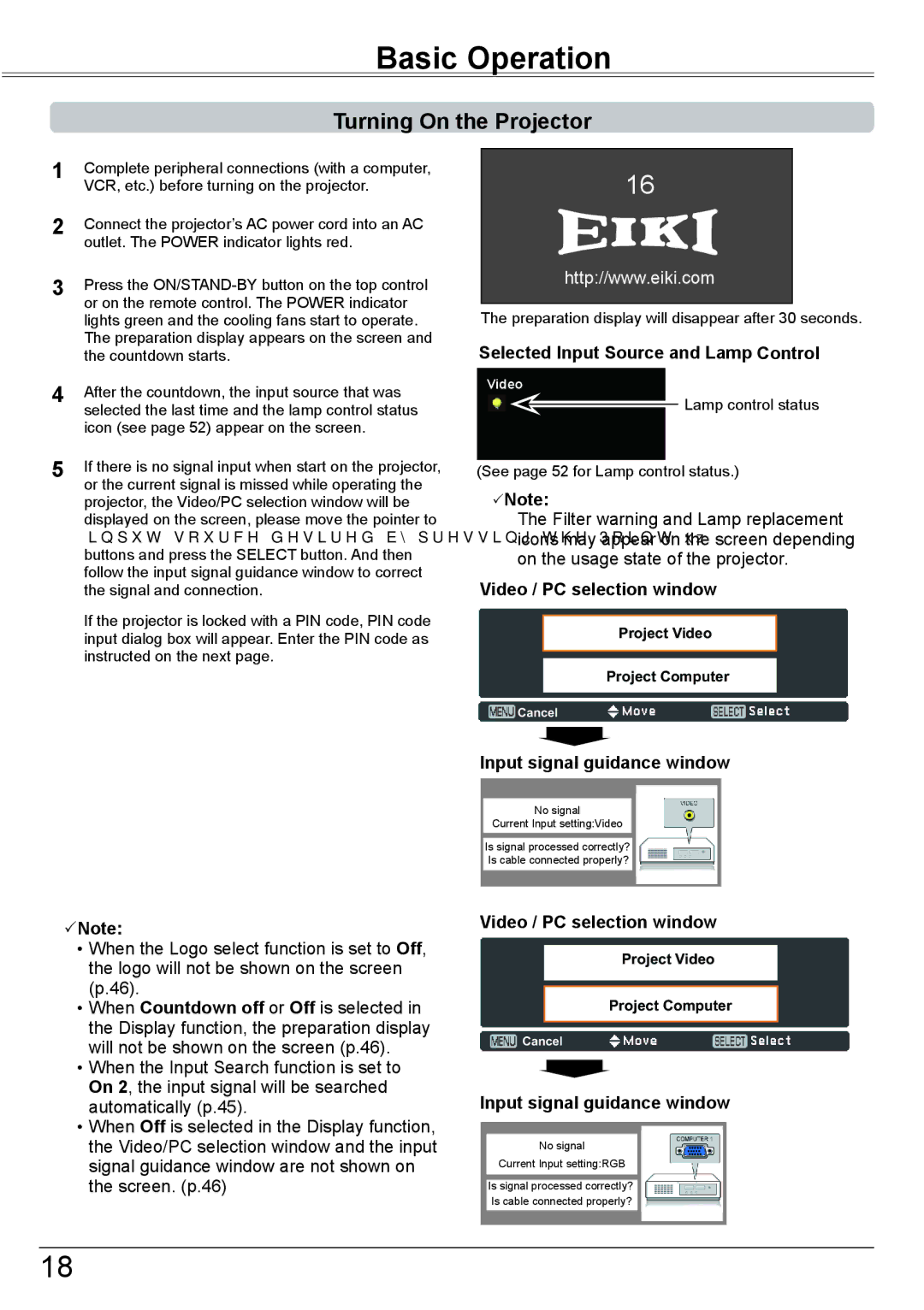 Eiki LC-XBM31 owner manual Basic Operation, Turning On the Projector, Selected Input Source and Lamp Control 