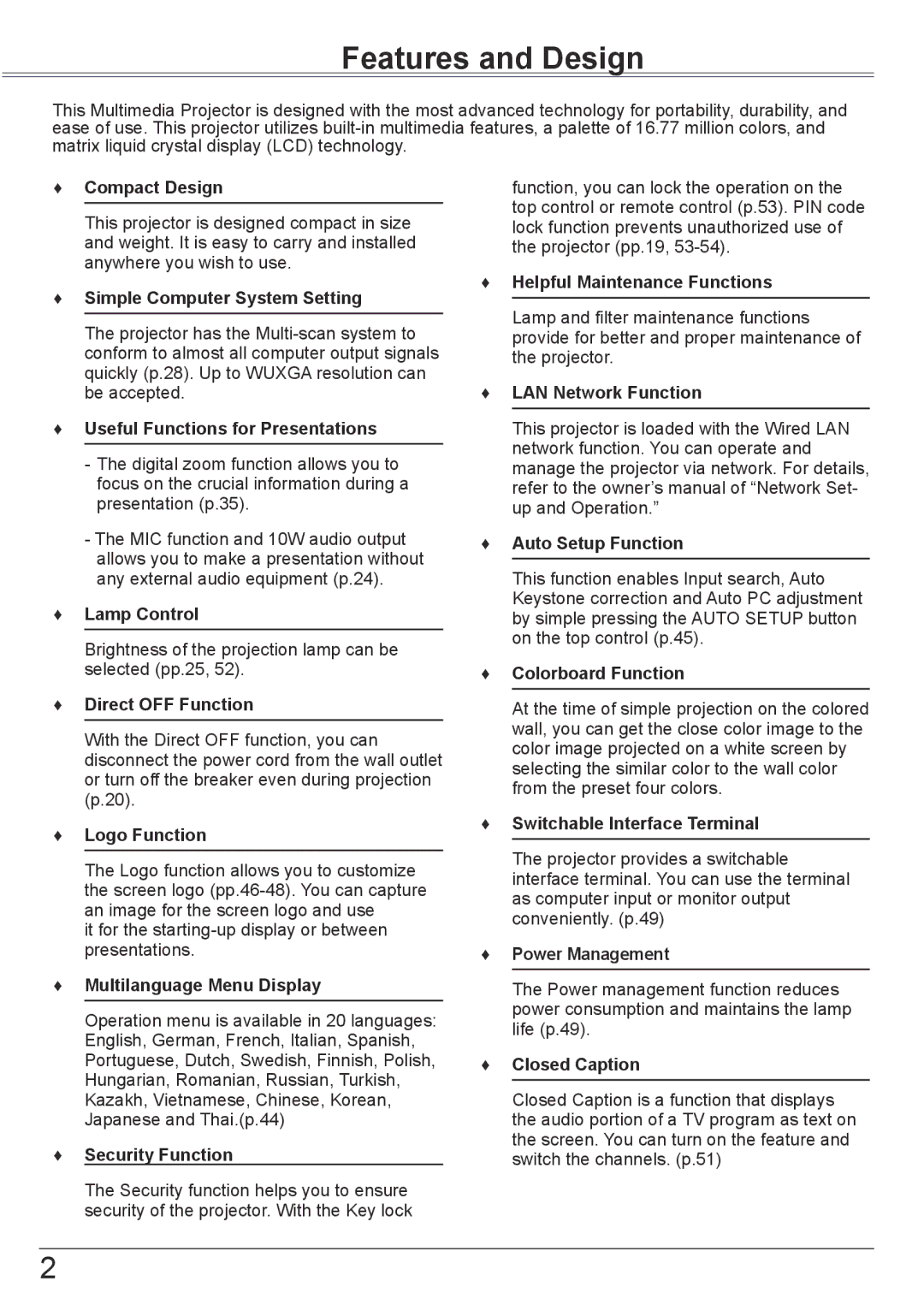 Eiki LC-XBM31 owner manual Features and Design 