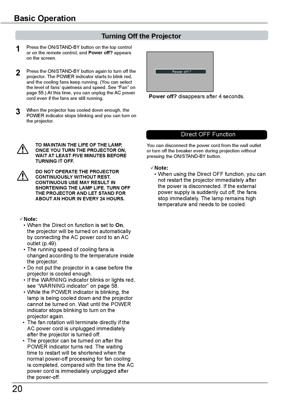 Eiki LC-XBM31 owner manual Turning Off the Projector, Direct OFF Function 