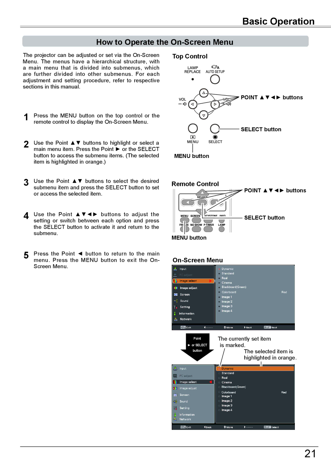 Eiki LC-XBM31 How to Operate the On-Screen Menu, Top Control, Remote Control, Point buttons Select button Menu button 