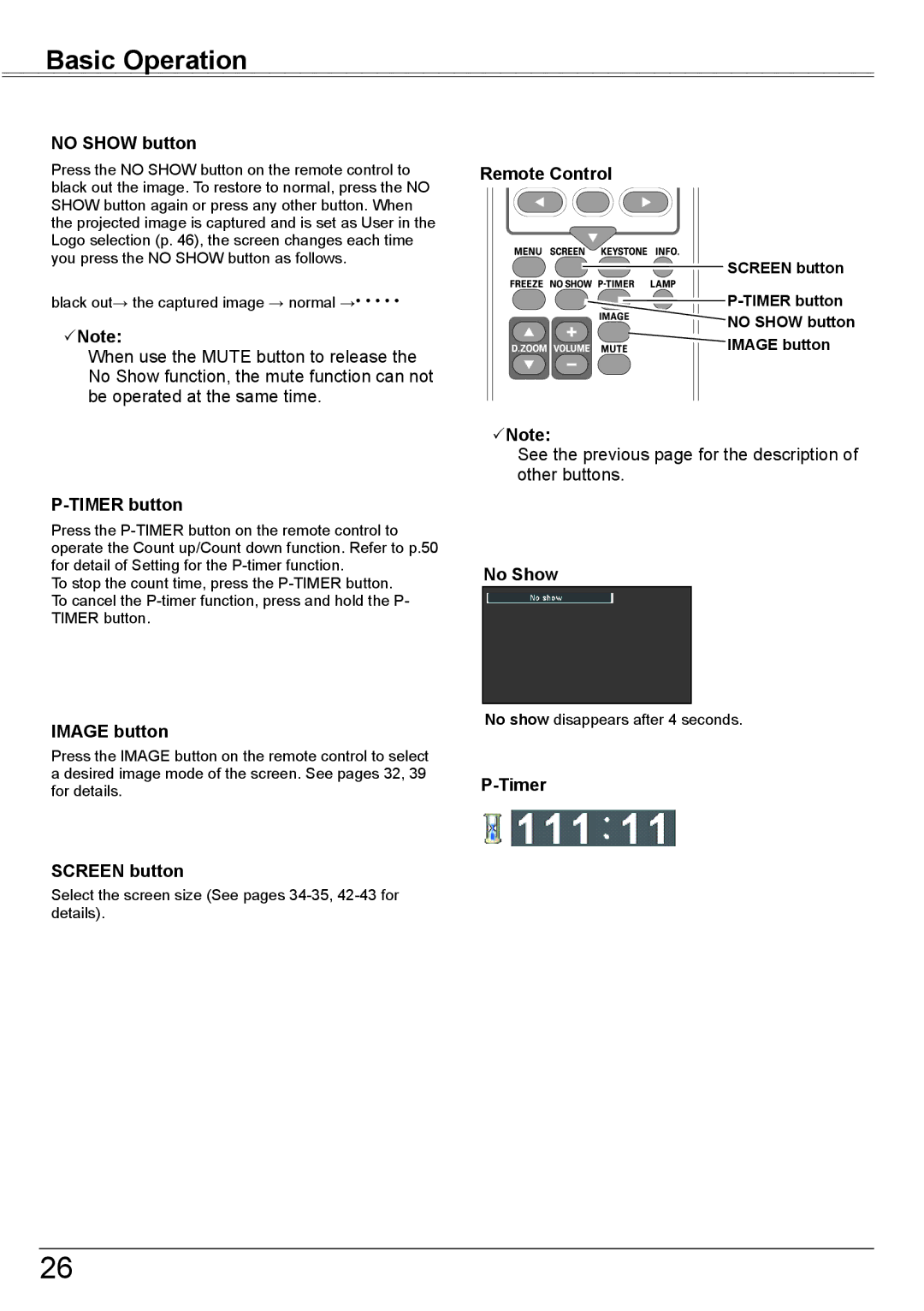 Eiki LC-XBM31 owner manual No Show button, Timer button, Image button, Screen button 