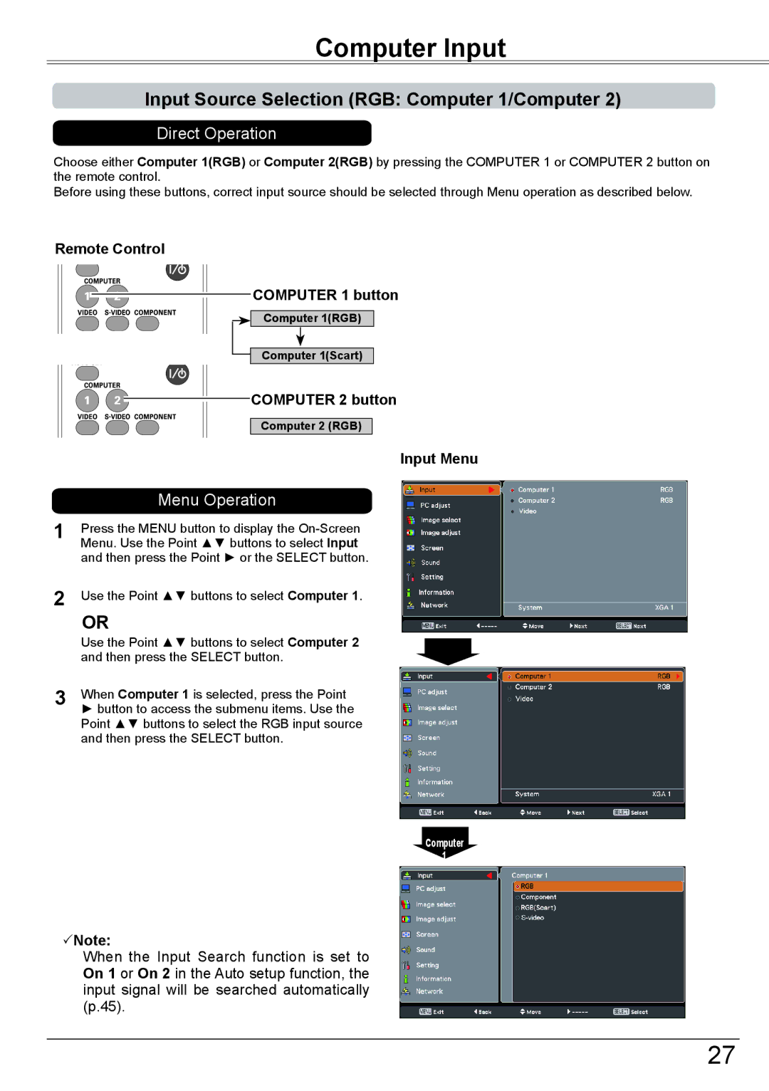 Eiki LC-XBM31 Computer Input, Input Source Selection RGB Computer 1/Computer, Remote Control Computer 1 button, Input Menu 