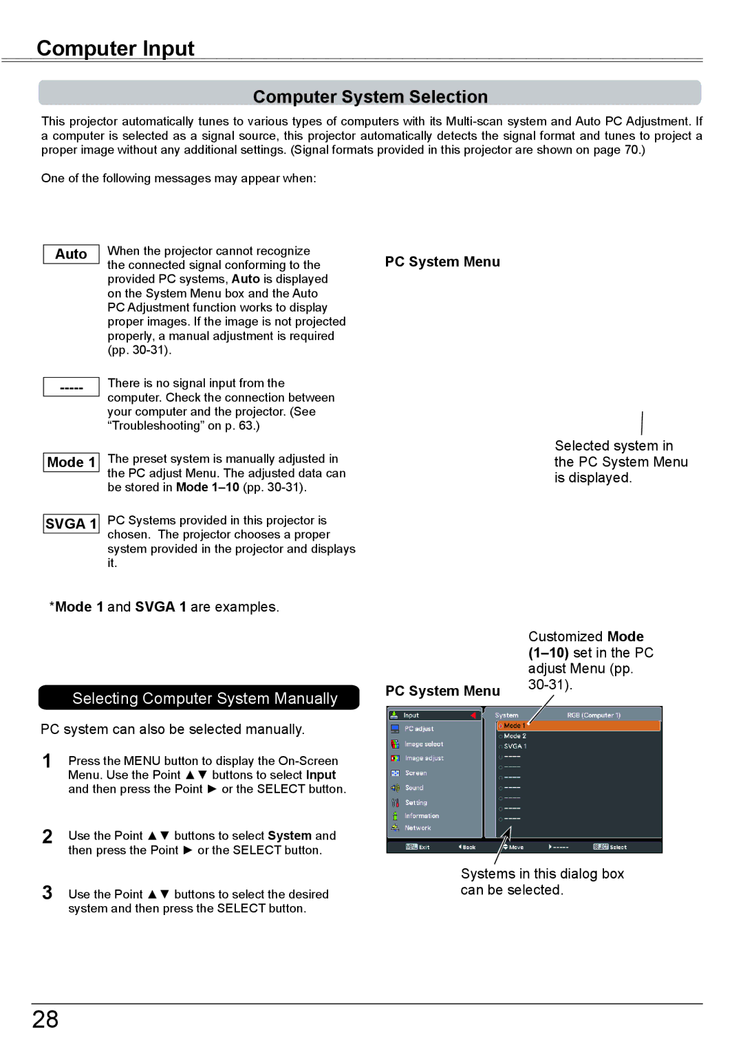 Eiki LC-XBM31 owner manual Computer Input, Computer System Selection, Auto, Mode, PC System Menu 