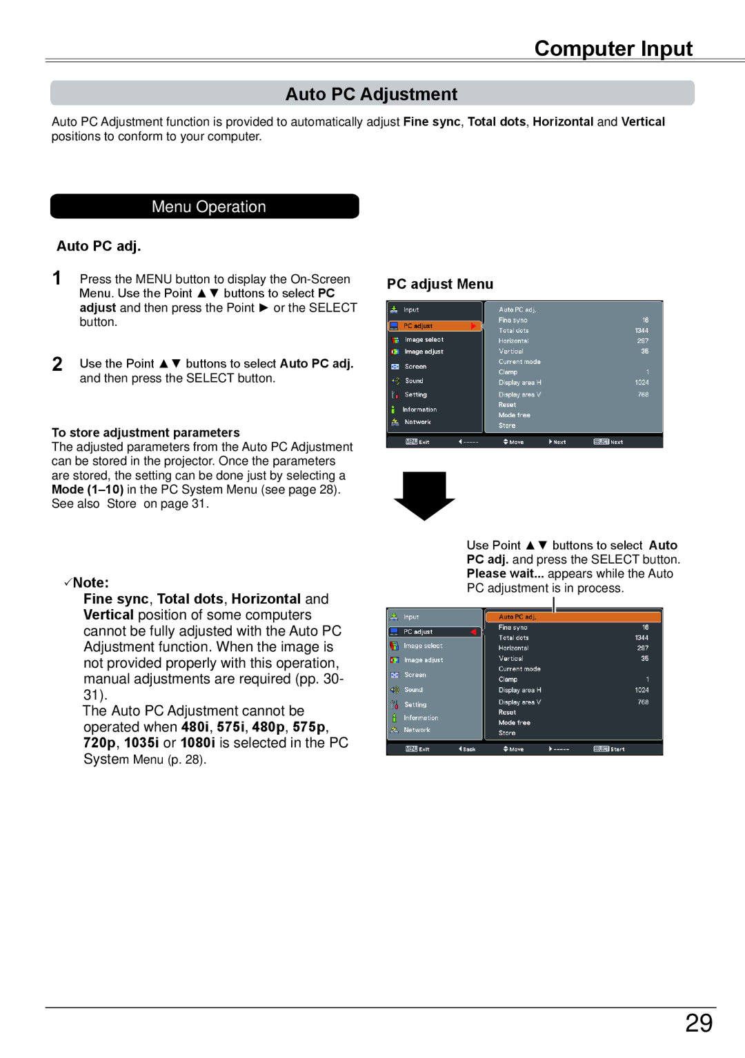 Eiki LC-XBM31 owner manual Auto PC Adjustment, Auto PC adj, PC adjust Menu, To store adjustment parameters 