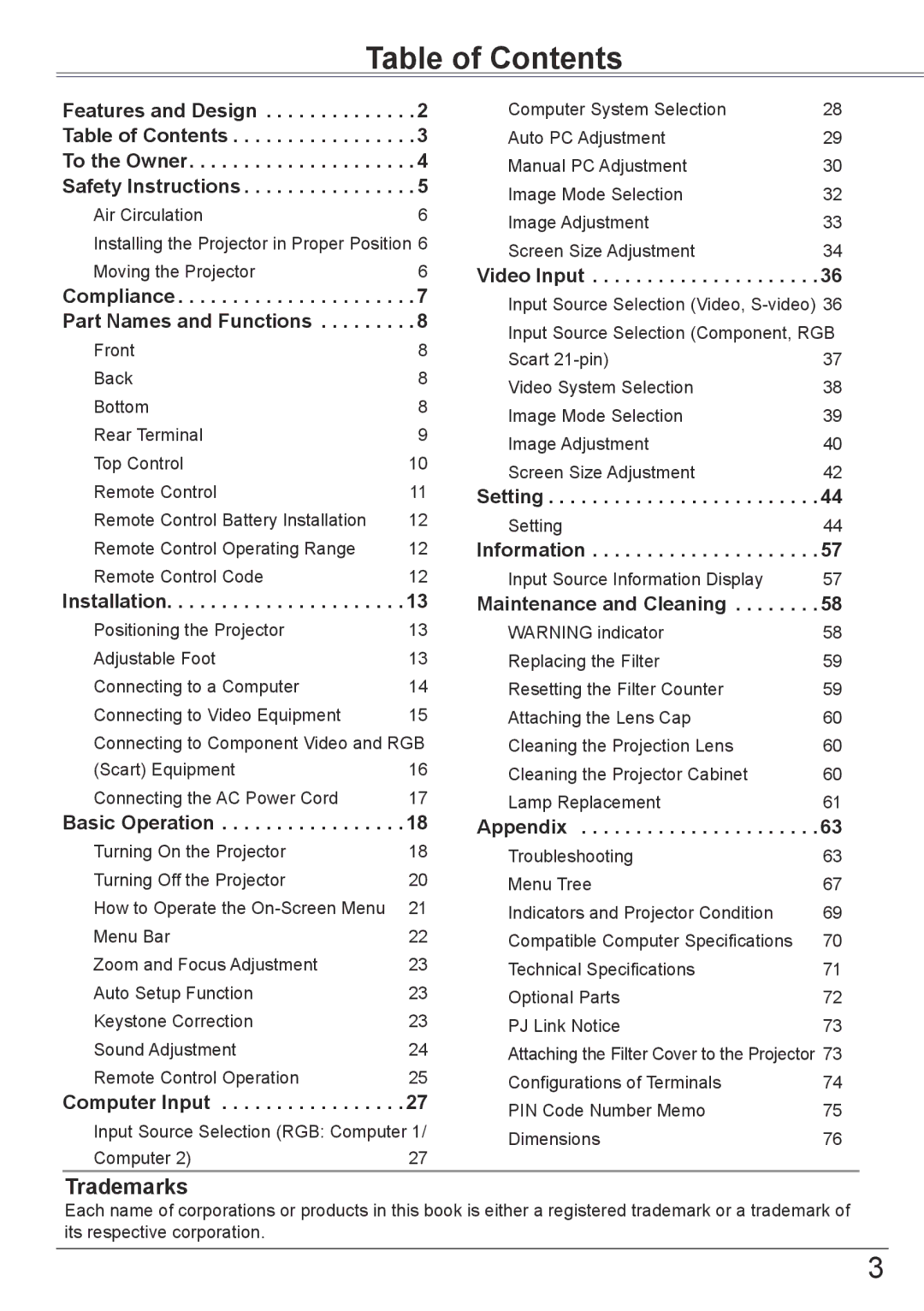 Eiki LC-XBM31 owner manual Table of Contents 