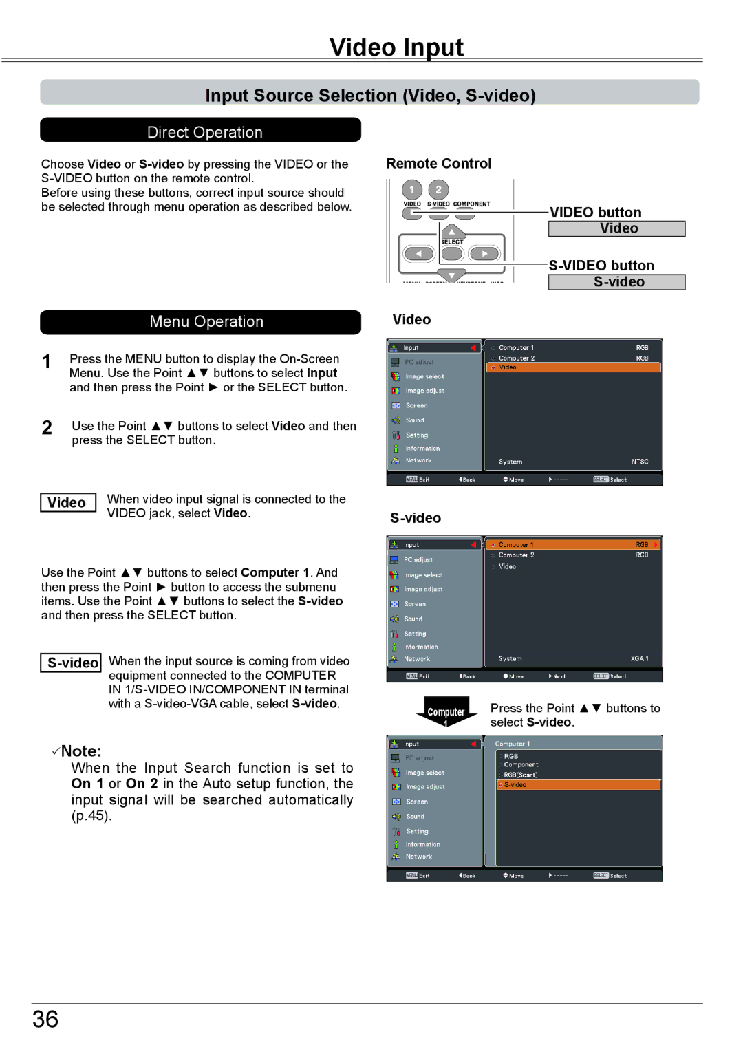 Eiki LC-XBM31 owner manual Video Input, Input Source Selection Video, S-video, Video button Video Video button S-video 