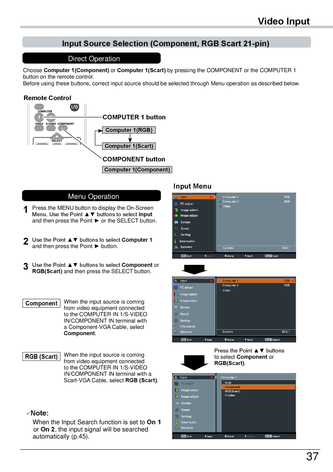 Eiki LC-XBM31 owner manual Video Input, Input Source Selection Component, RGB Scart 21-pin, Input Menu, Component button 