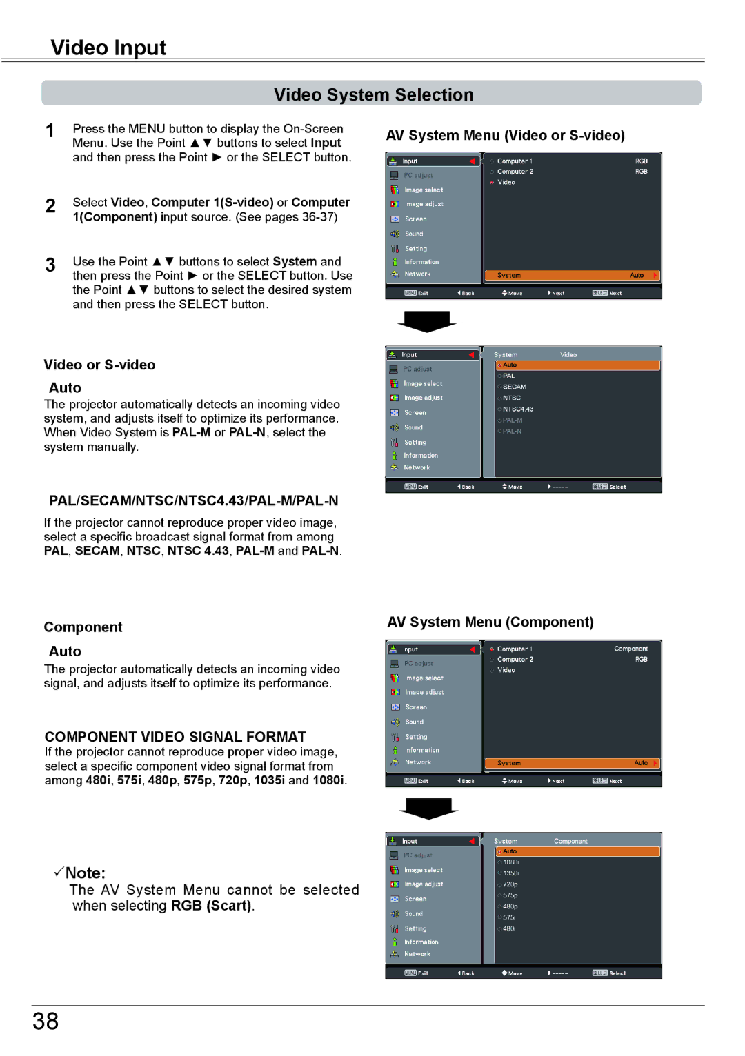 Eiki LC-XBM31 Video System Selection, Video or S-video Auto, Component Auto, Select Video, Computer 1S-video or Computer 