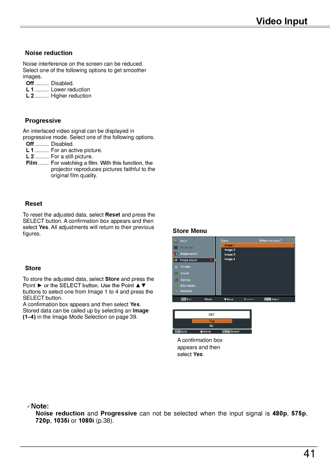 Eiki LC-XBM31 owner manual Noise reduction, Progressive, Store Menu 