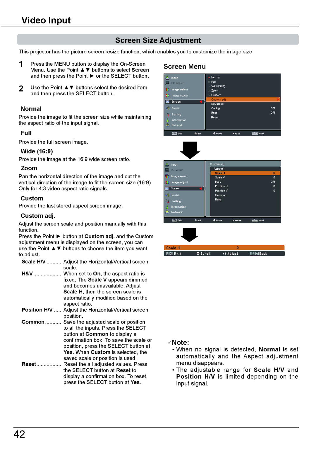 Eiki LC-XBM31 owner manual Screen Size Adjustment, Screen Menu Note 