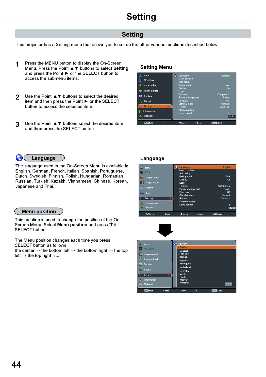 Eiki LC-XBM31 owner manual Language, Menu position, Setting Menu 