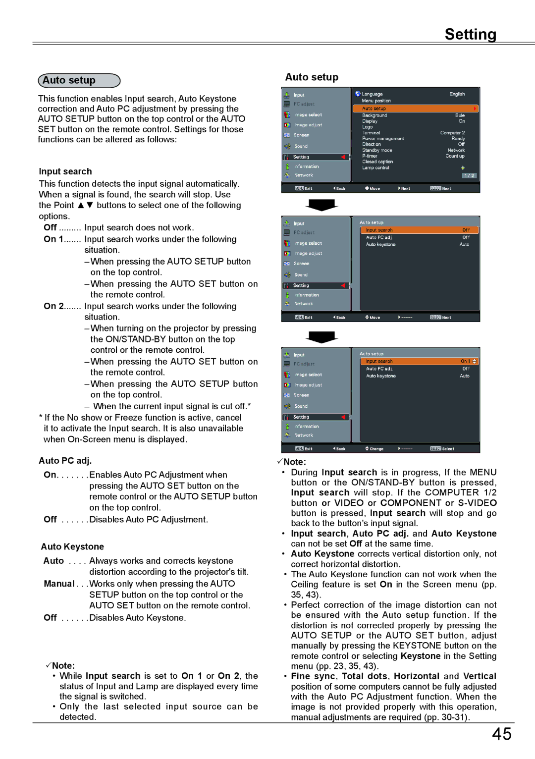 Eiki LC-XBM31 owner manual Setting, Auto setup 