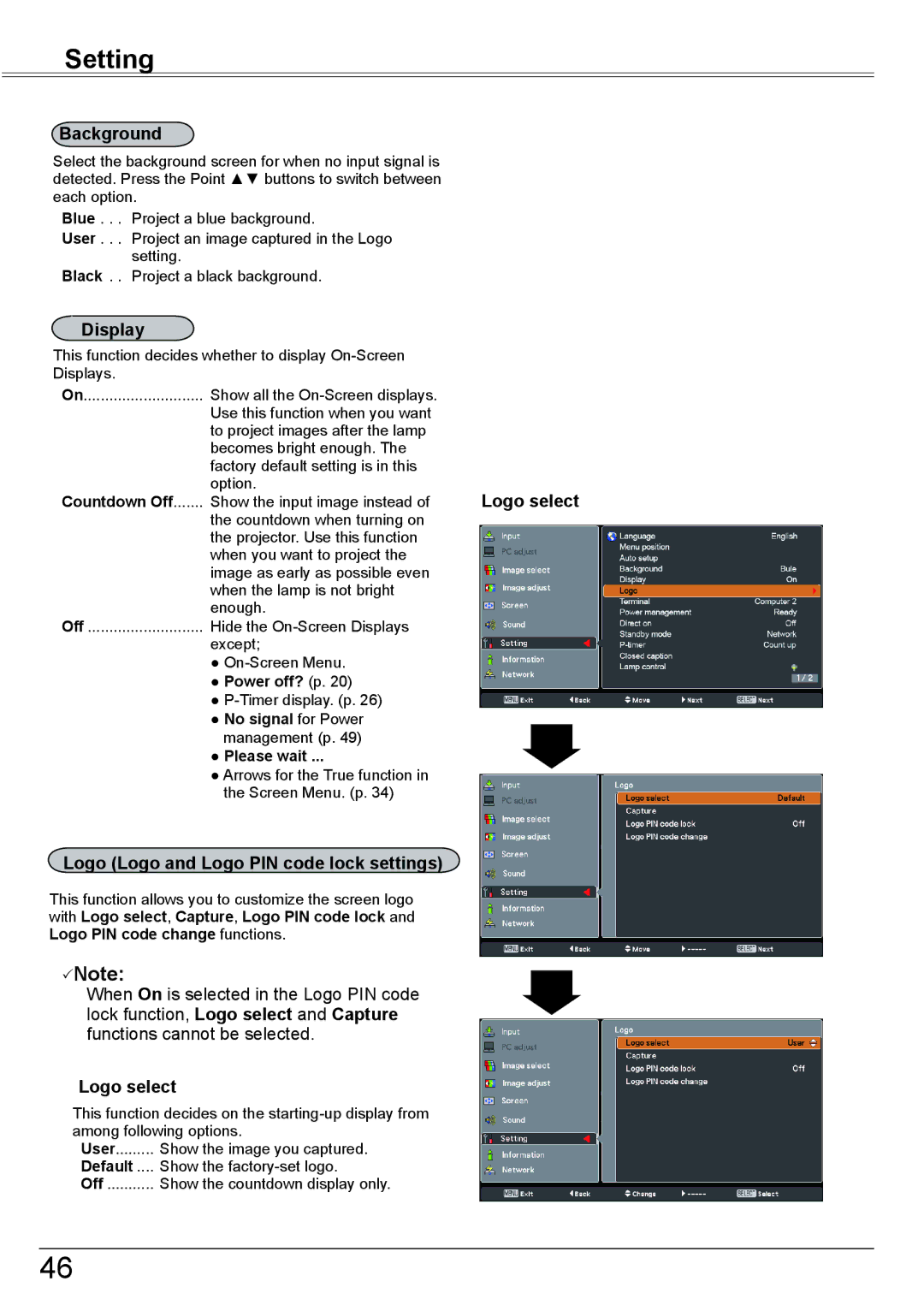 Eiki LC-XBM31 owner manual Background, Display, Logo Logo and Logo PIN code lock settings, Logo select 