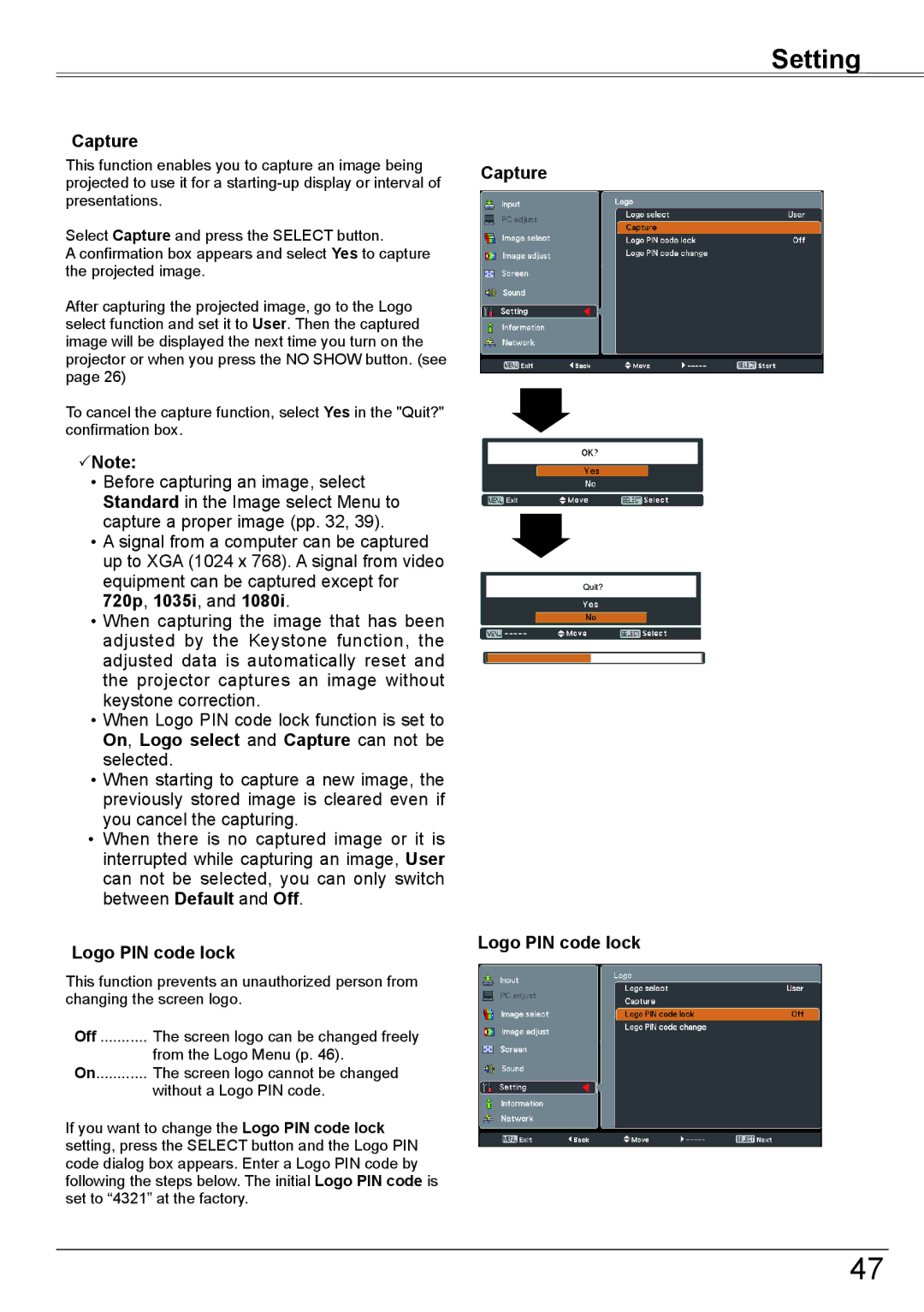 Eiki LC-XBM31 owner manual Capture, 720p, 1035i, Logo PIN code lock 