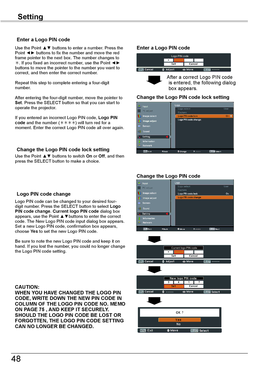 Eiki LC-XBM31 Enter a Logo PIN code, Change the Logo PIN code lock setting, Logo PIN code change, Enter a Logo PIN code 