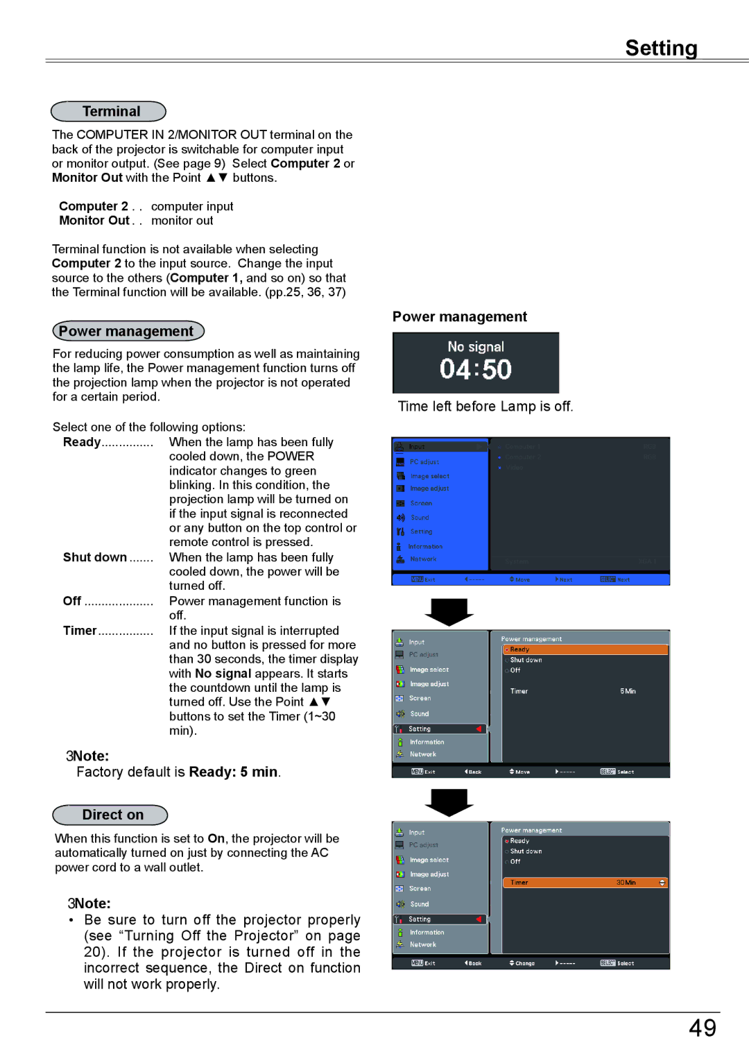 Eiki LC-XBM31 owner manual Terminal, Direct on, Shut down 