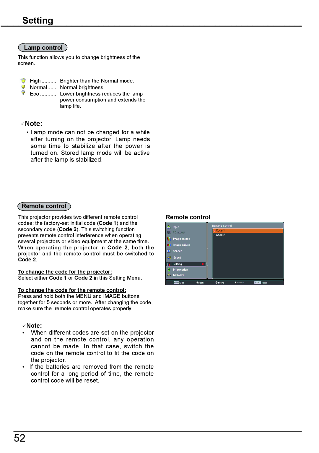 Eiki LC-XBM31 owner manual Code To change the code for the projector, To change the code for the remote control 