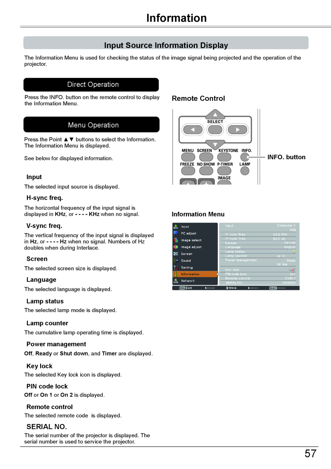 Eiki LC-XBM31 owner manual Input Source Information Display, Remote Control 