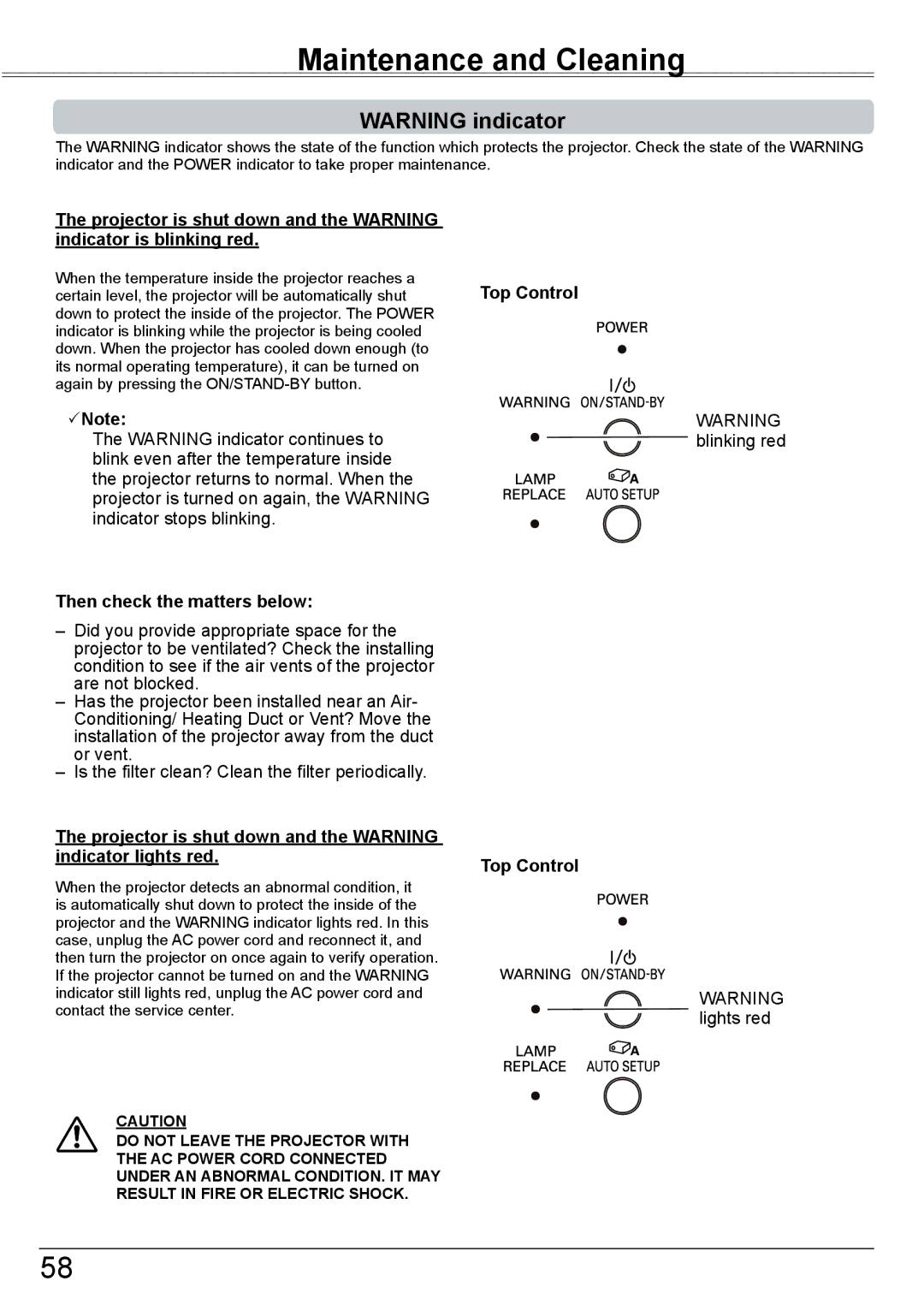 Eiki LC-XBM31 owner manual Maintenance and Cleaning, Note Then check the matters below 